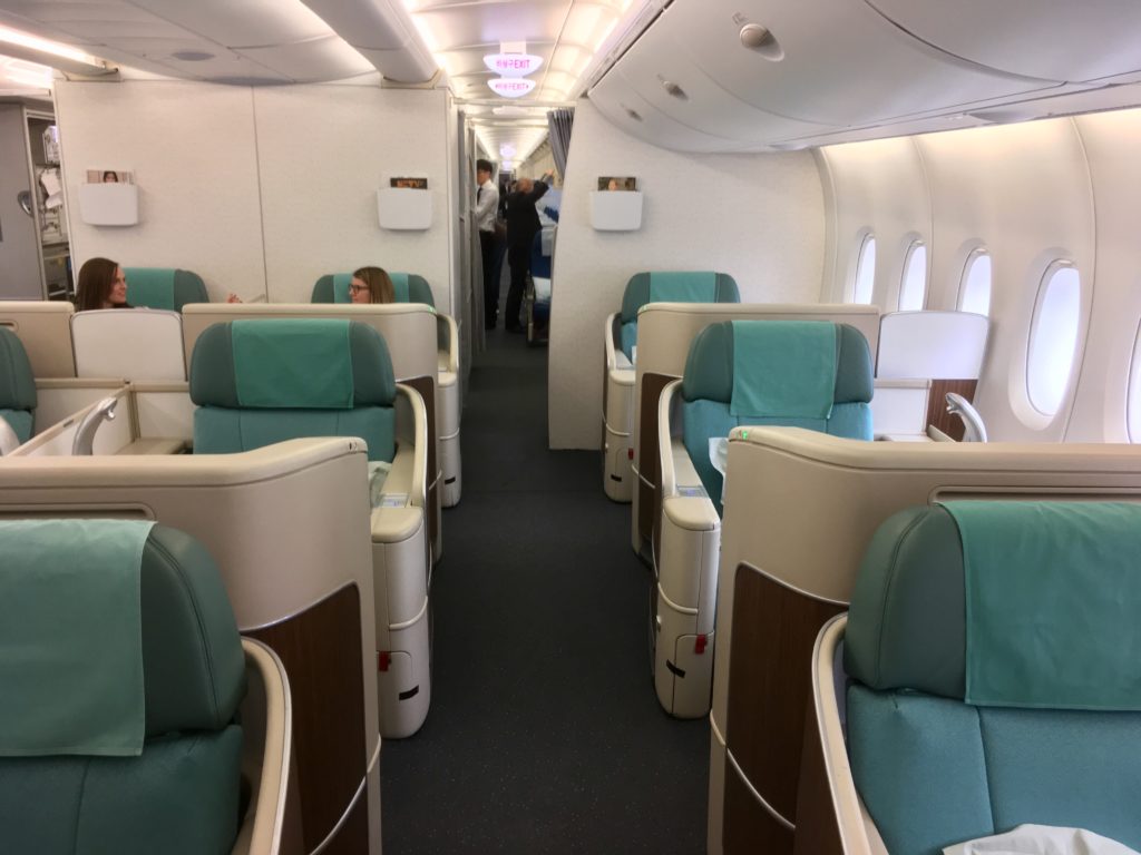a plane with green seats