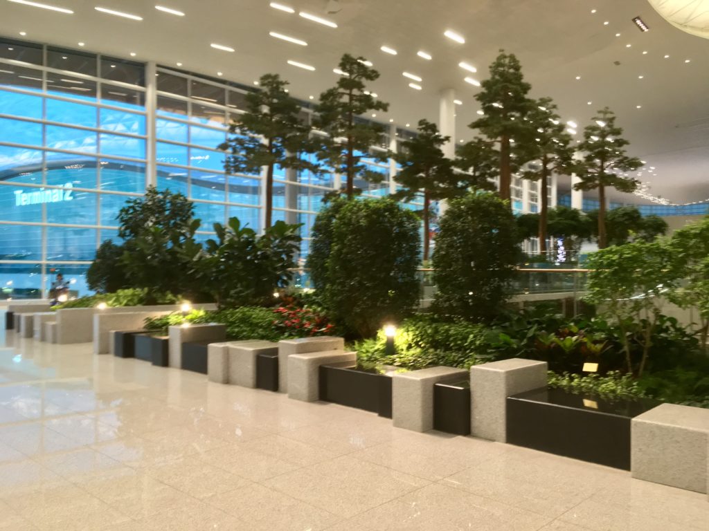 a large indoor garden with trees and plants