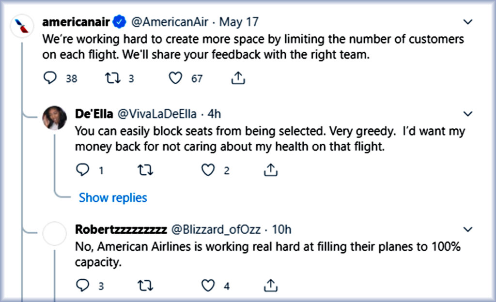 American Airlines Crowded Flight No Social Distancing Response Tweet