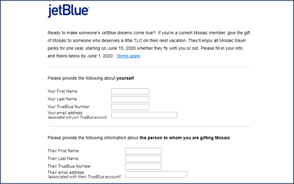 Jet Blue Gift Elite Status Free Form