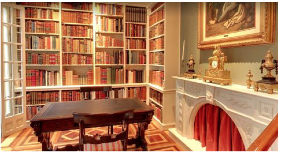 a room with a fireplace and bookshelves