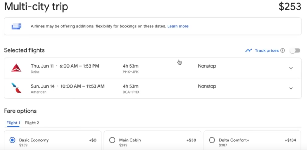 google flights multi-city ticket flight options