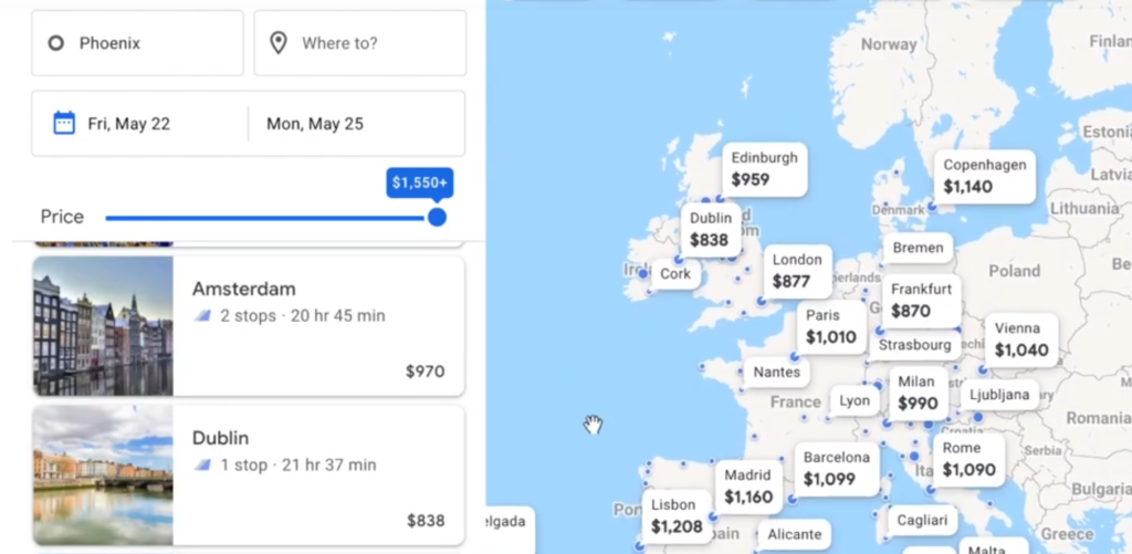 google flights Europe price map