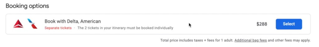 Separate ticket booking options on google flights