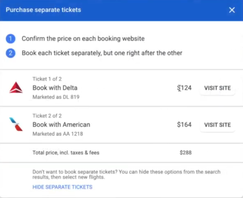 How to purchase separate tickets on Google Flights