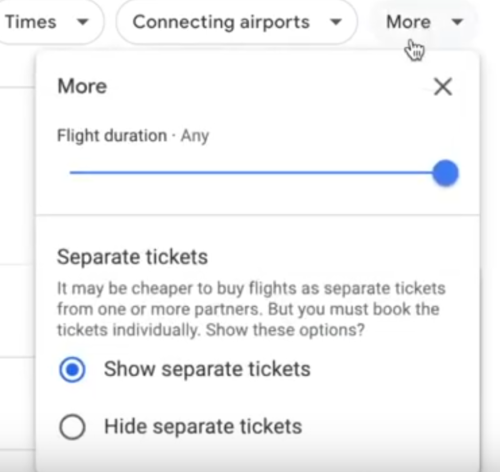 More options and hiding separate tickets filters on google flights