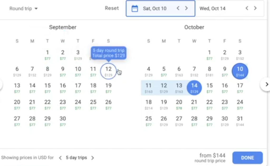 Google Flights calendar four day roundtrip pricing
