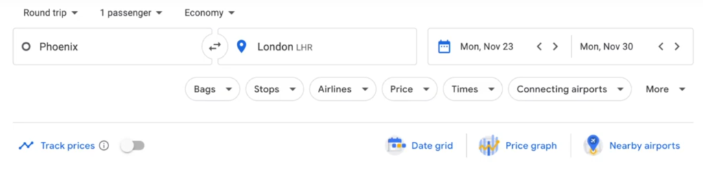 Filter Options on google flights