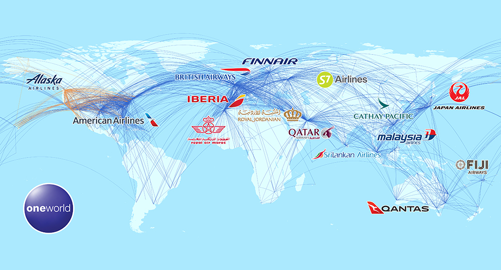 Oneworld route map with Alaska Airlines routes highlighted