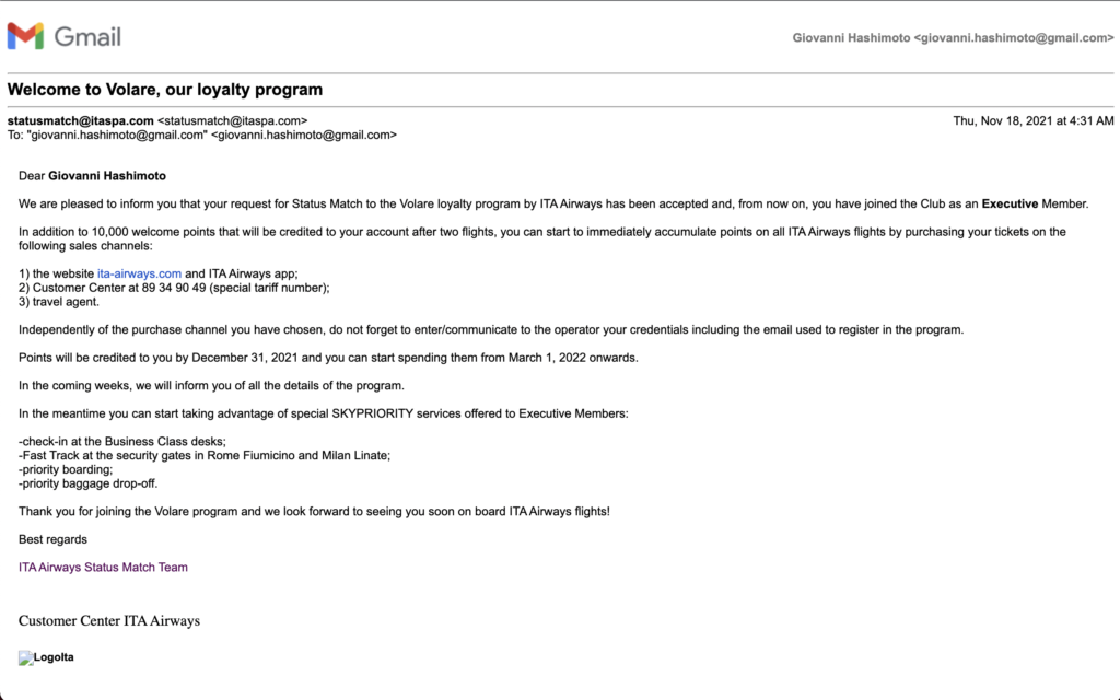 Email from ITA Airways Volaris confirming status match