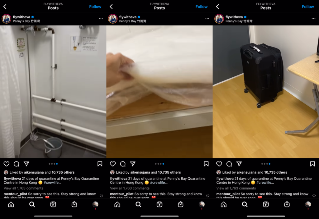 screenshots of @flywitheva video showing shower, mattress, and luggage for 21 days