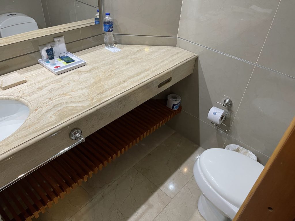 a bathroom with a counter top and toilet