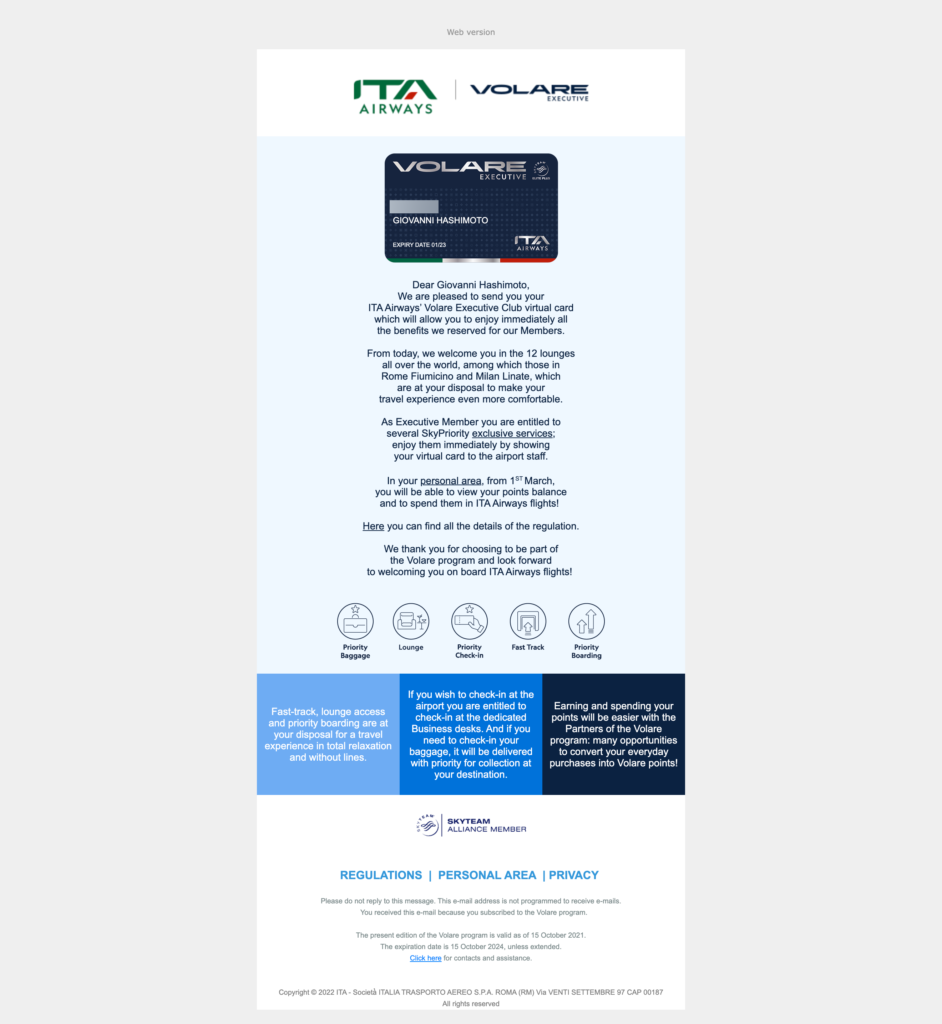 ITA Airways status match success virtual card