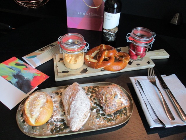 Andaz Munich welcome amenity plate of bread and pretzels