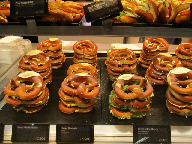 Display case in Munich with pretzels
